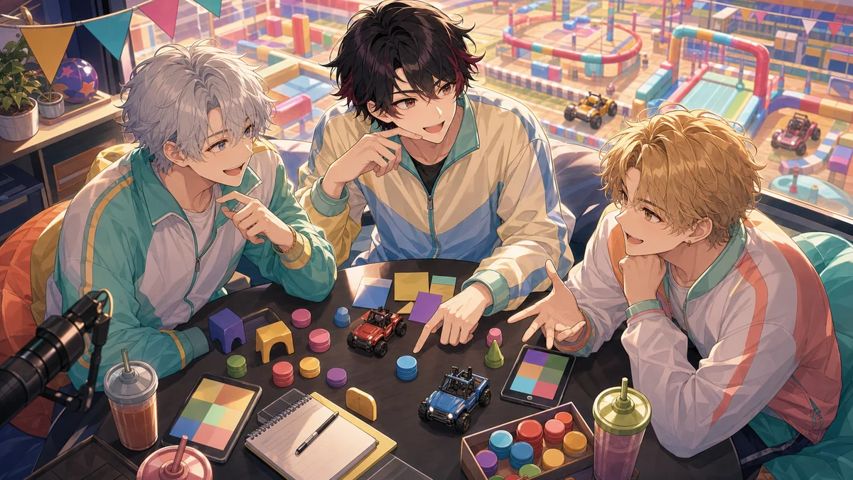 明るい競技会場の控室で作戦メモとスマホを囲む男性キャラクターたちのイメージ