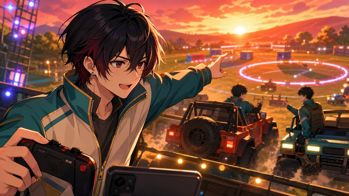 夕方のフィールドで車と抽象的なリングUIを背景に合図を送る男性キャラクターのイメージ