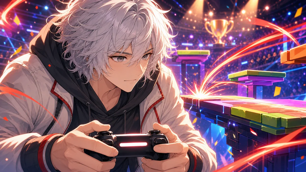 明るい大会ステージで抽象的な足場を見ながらコントローラーを構えるオリジナル男性キャラクターのイメージ