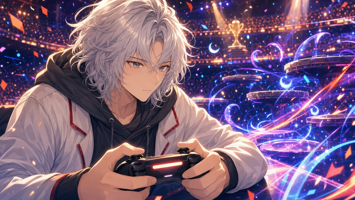 青紫の抽象エフェクトが光る大会ステージで最後の入力に集中するオリジナル男性キャラクターのイメージ