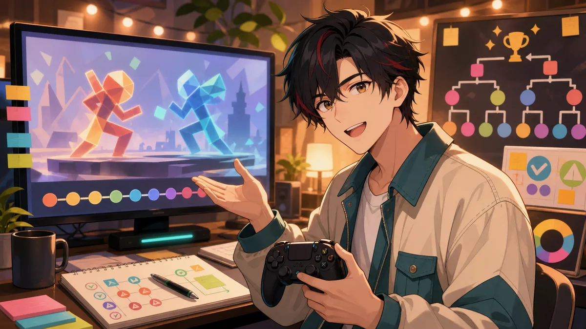 抽象的な大会メモとアーカイブ再生画面を見ながら流れを整理するオリジナル男性キャラクターのイメージ
