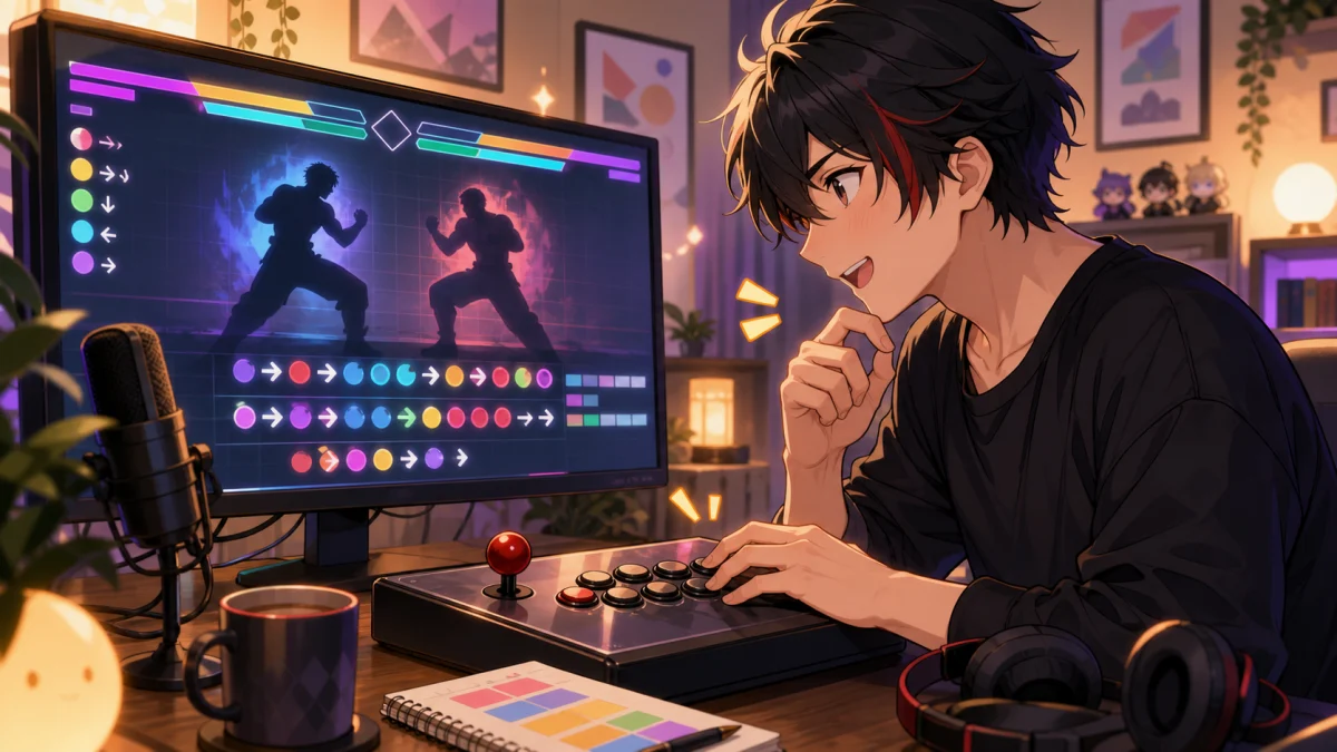 配信部屋でゲーム画面と作戦メモを見ながら新しい連係を確認する男性キャラクターのイメージ