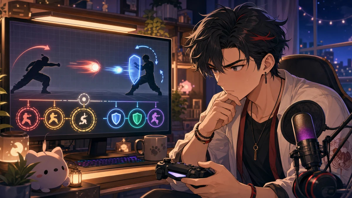 対戦画面を前に反応速度と投げ抜けのメモを確認する男性キャラクターのイメージ