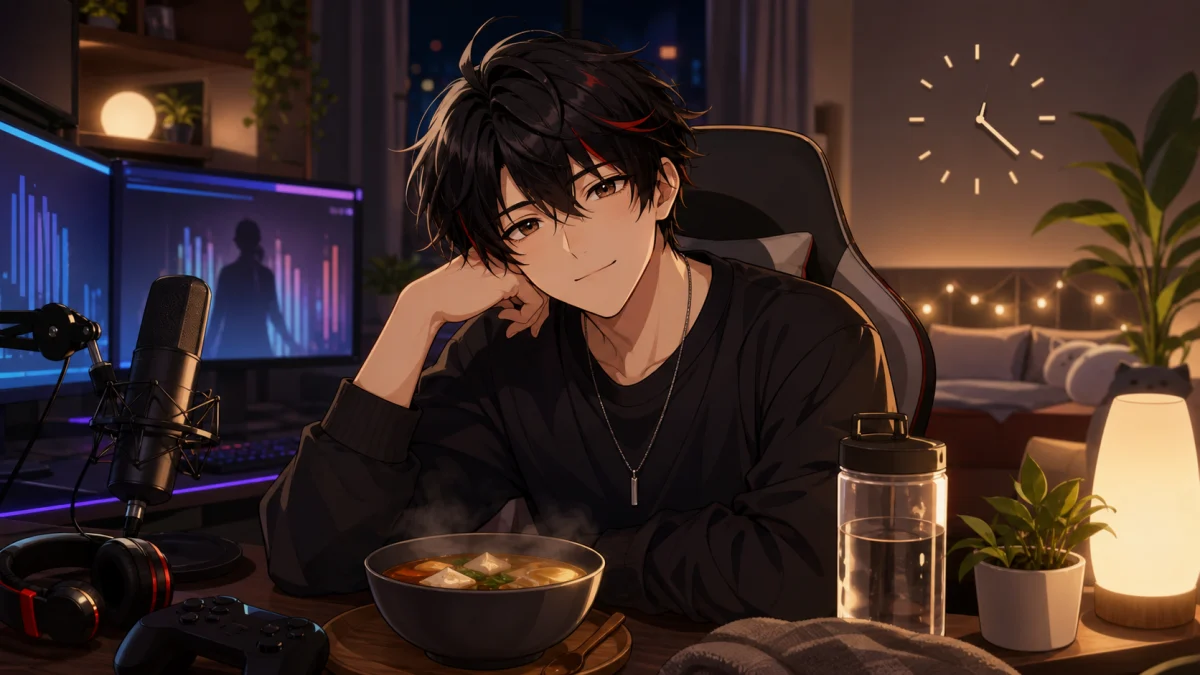 夜の配信机に時計と軽食を置き、本番前の予定を確認する男性キャラクターのイメージ