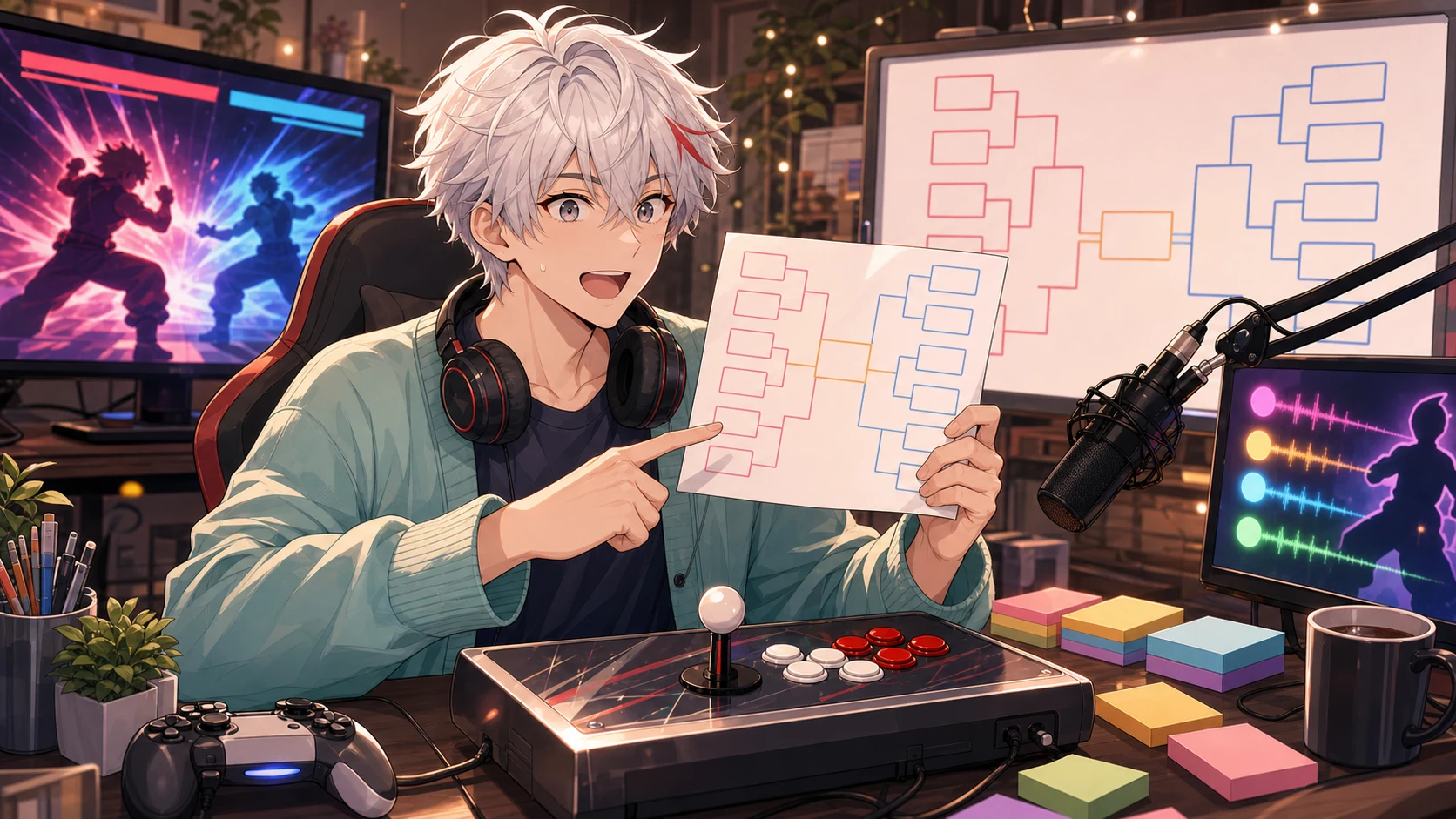 大会前日の配信部屋で対戦表とコントローラーを確認する男性キャラクターのイメージ