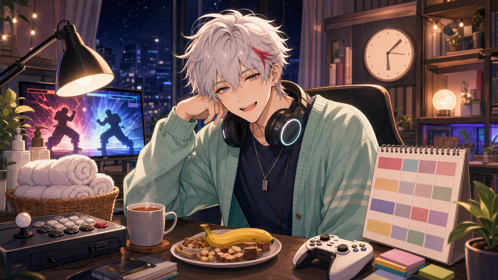 夜の配信部屋で時計と湯気のあるカップ、軽食を並べて本番前の準備をする男性キャラクターのイメージ