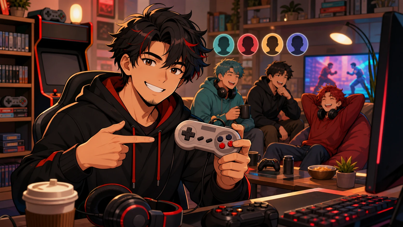 配信部屋でレトロゲーム風の小物と対戦コントローラーを囲む男性キャラクターのイメージ