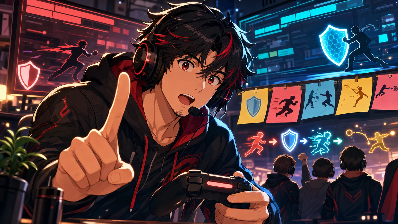 対戦画面を抽象化した光の前で声援を送る男性キャラクターとゲームパッドのイメージ