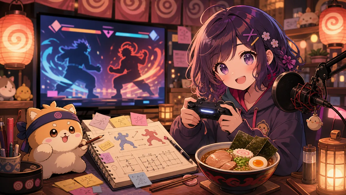 ラーメン屋風の配信部屋で、かわいいオリジナルキャラクターがコントローラーを持ち練習ノートを確認するイメージ