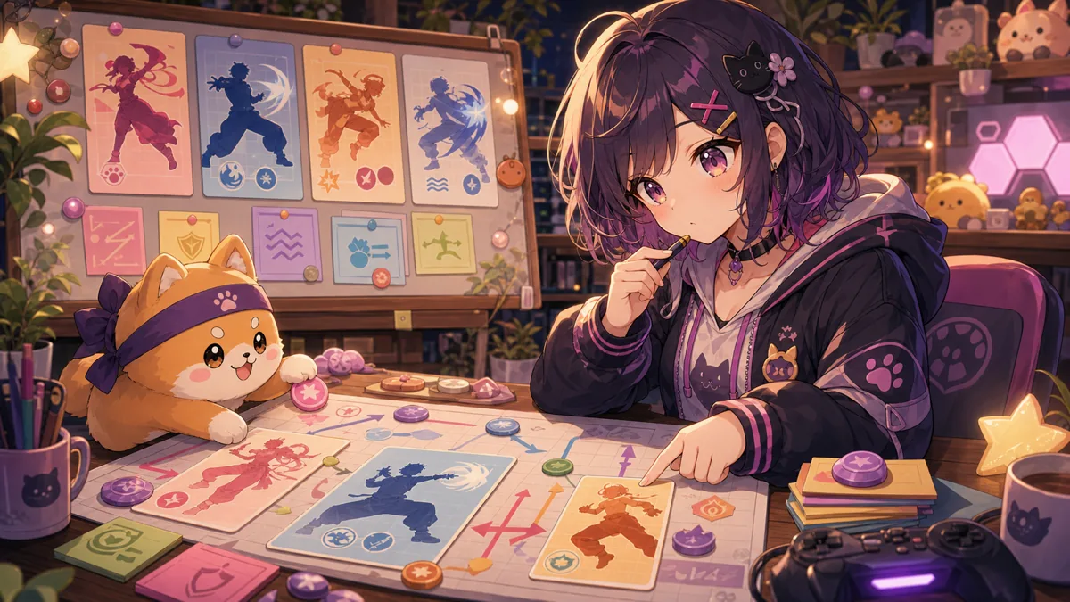 暖かい配信部屋で、かわいいオリジナルキャラクターが複数の対戦相手を示す抽象カードを並べて課題を整理するイメージ
