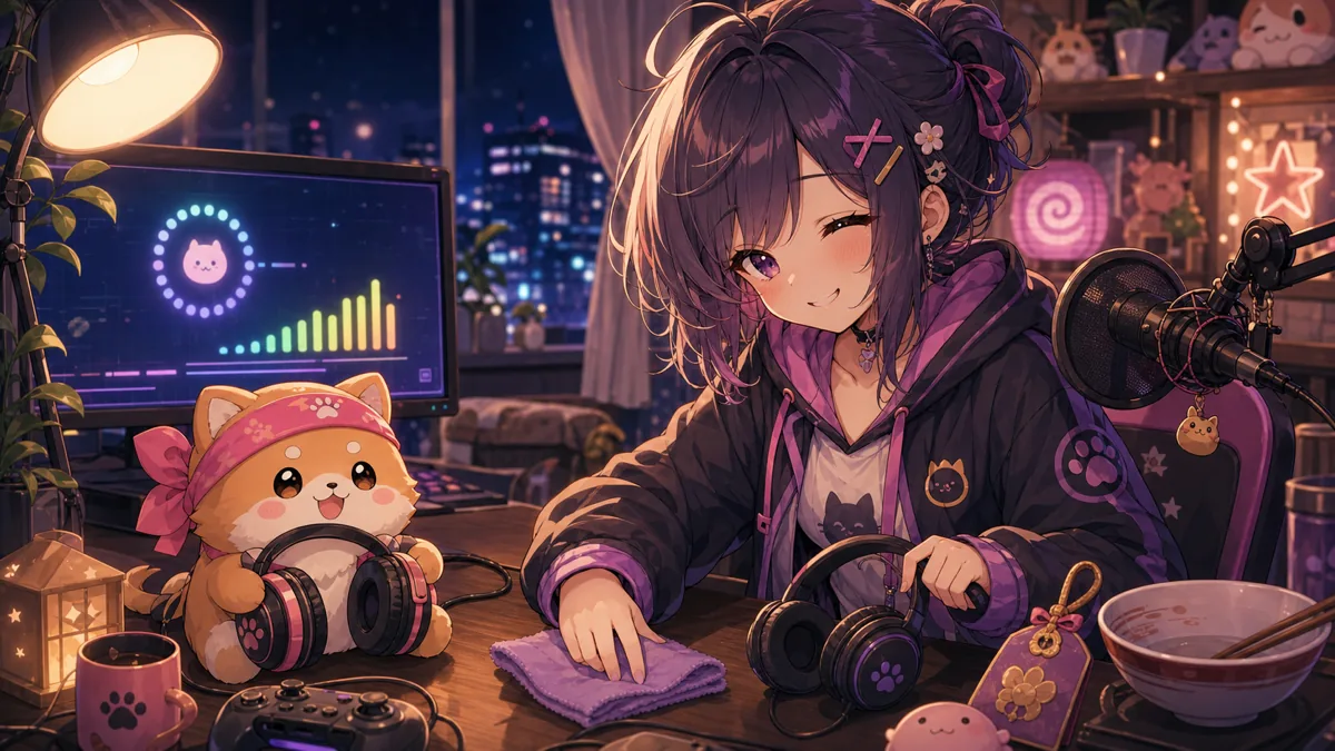 夜の配信部屋で、かわいいオリジナルキャラクターがヘッドセットを片付けながら配信状態を確認するイメージ