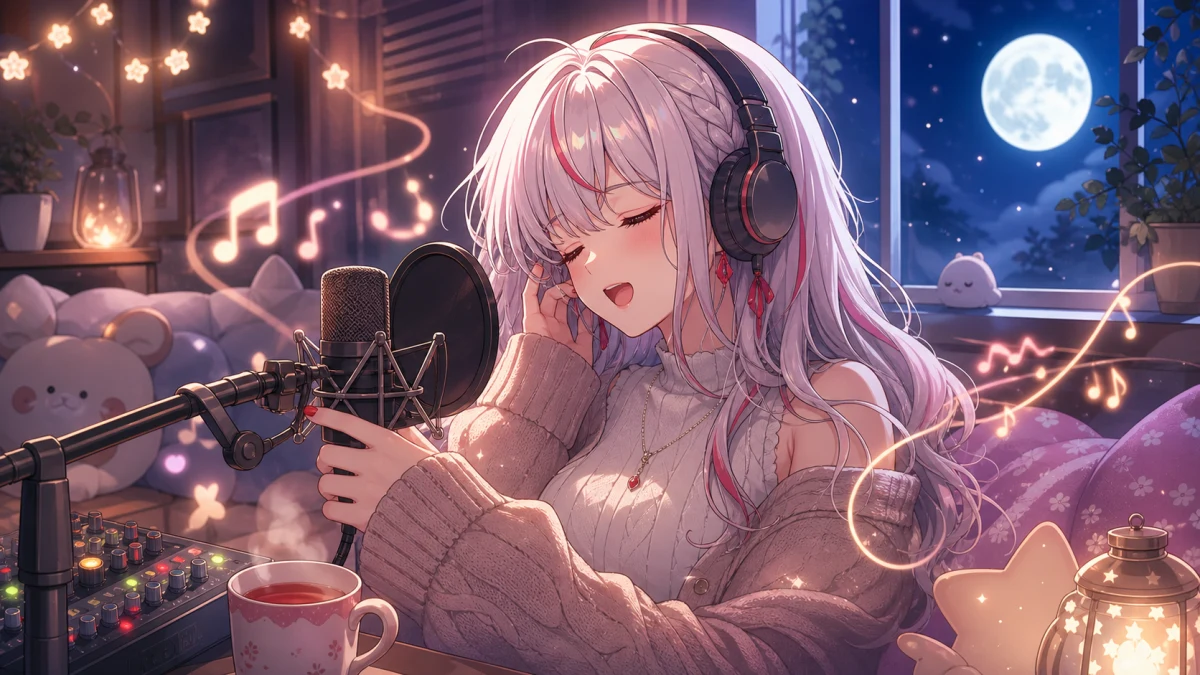 夜の部屋で星明かりのような照明とマイクを囲む女性キャラクターのイメージ
