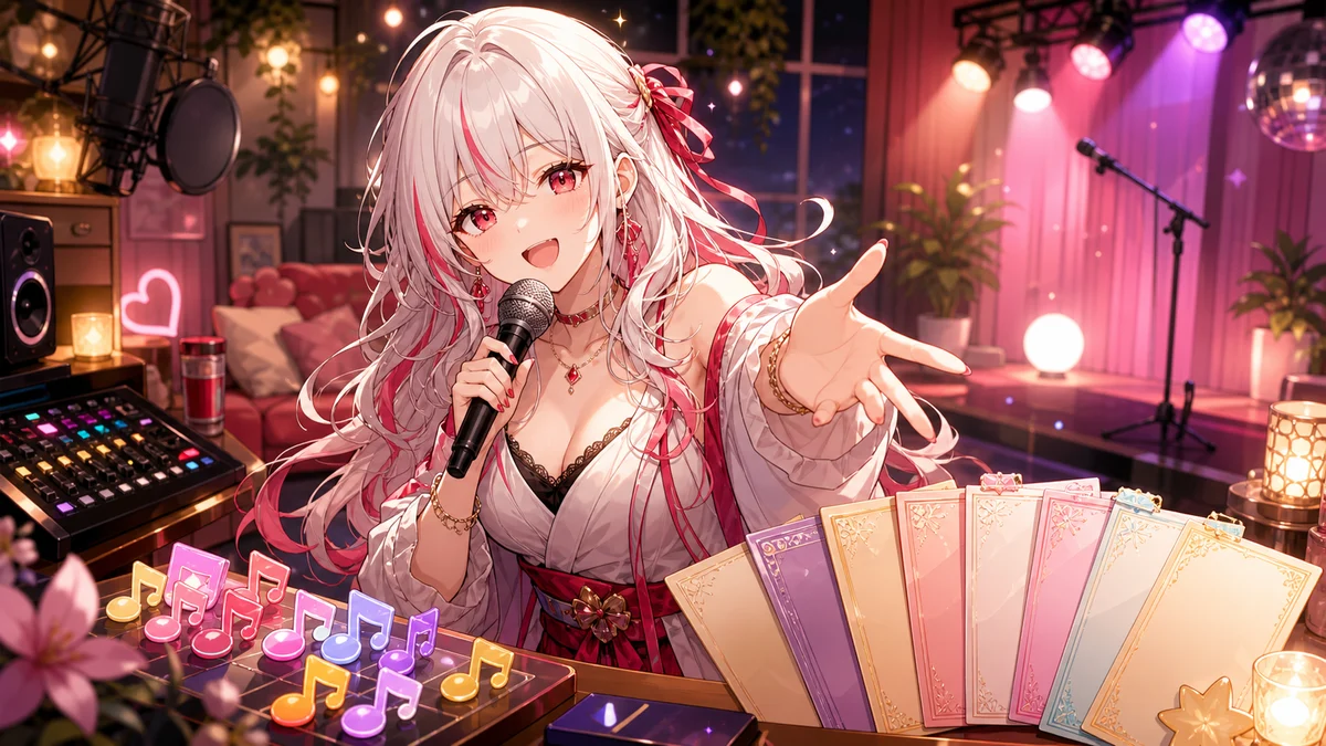 セットリストを確認しながらマイクの前で明るく笑う女性キャラクター