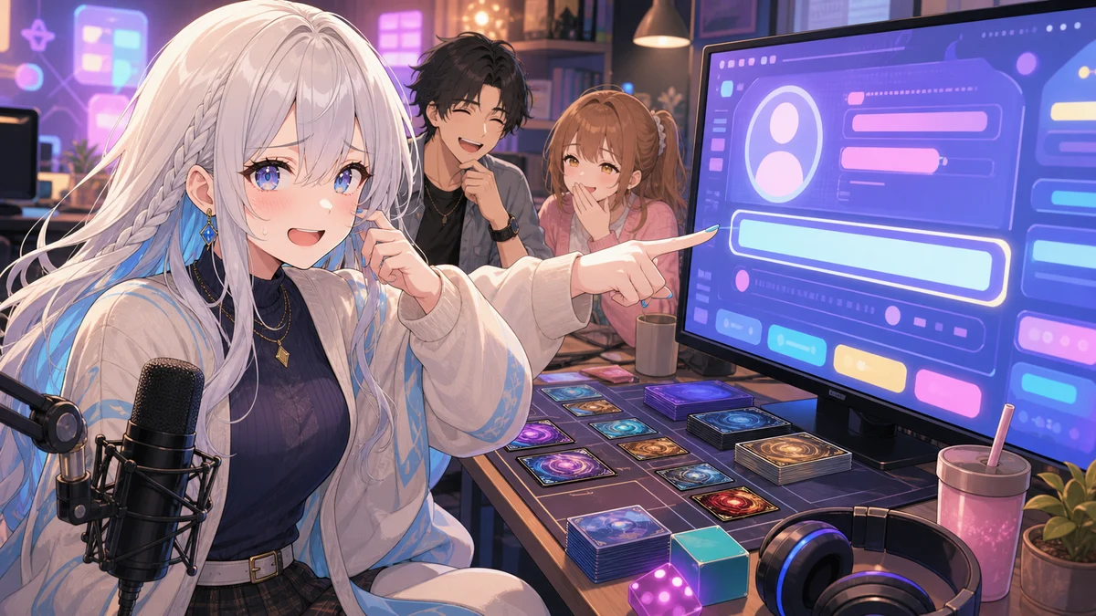 配信机の前で銀髪の女性が設定画面を指し、仲間が笑いながらカードを囲む場面