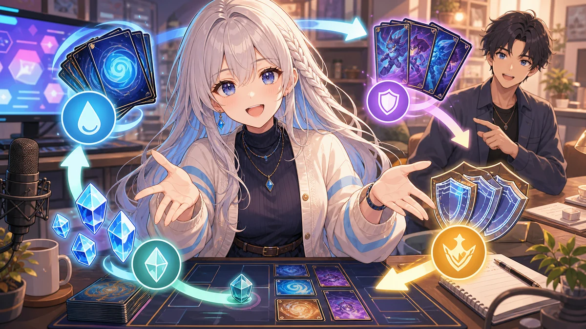 カード卓で銀髪の女性が光るシールドやマナの小物を前に説明する場面