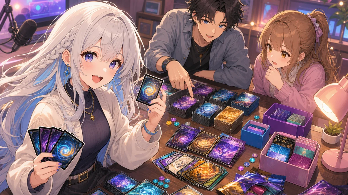色とりどりのカード束を前に、銀髪の女性が楽しそうにデッキを選んでいる場面