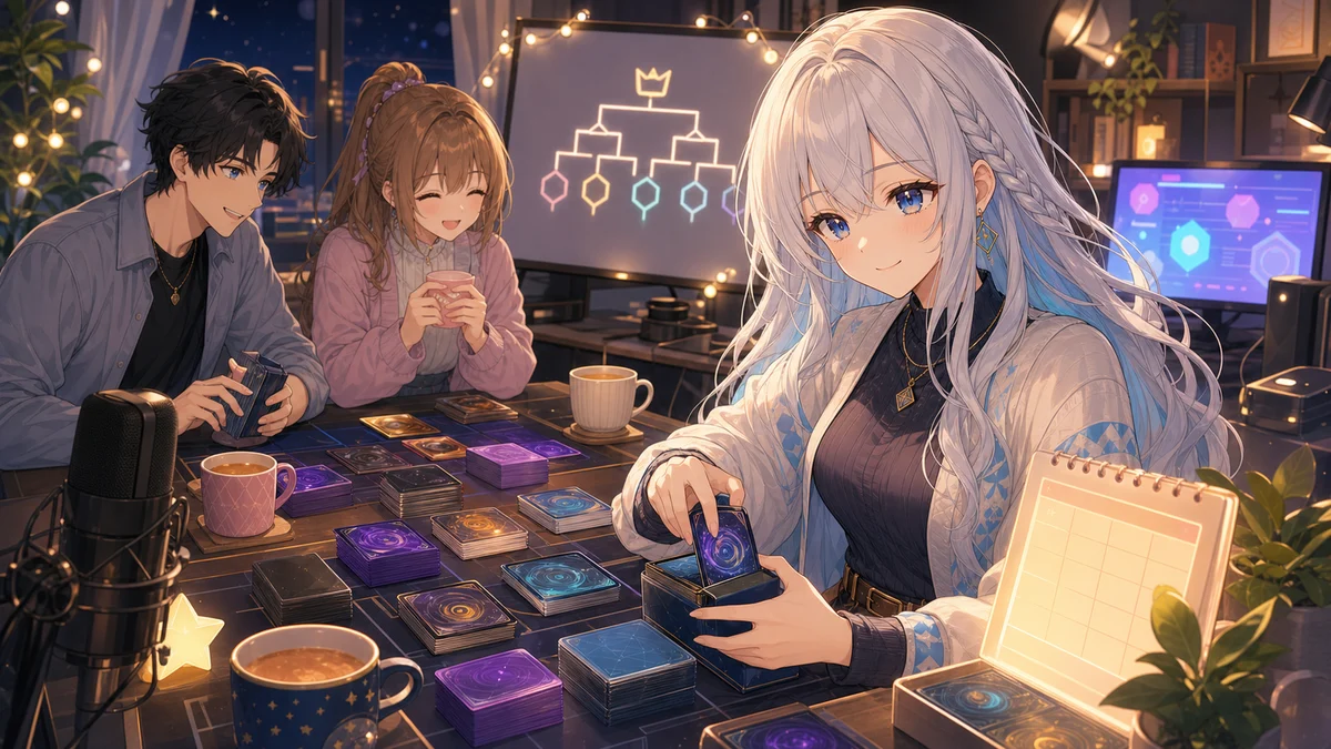 練習後の配信部屋で銀髪の女性がカードを整理し、仲間と大会準備を振り返る場面