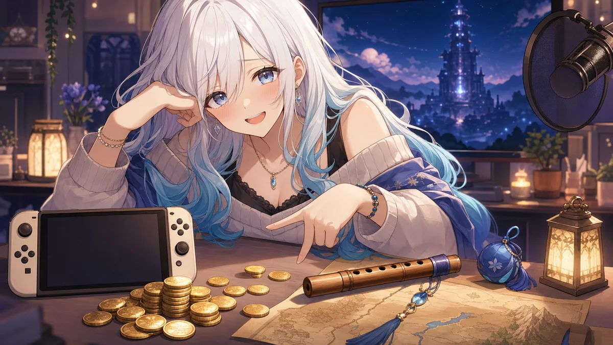 白い長髪の女性キャラクターが配信机で携帯ゲーム機、コイン、木の笛、地図を前にしているイメージ