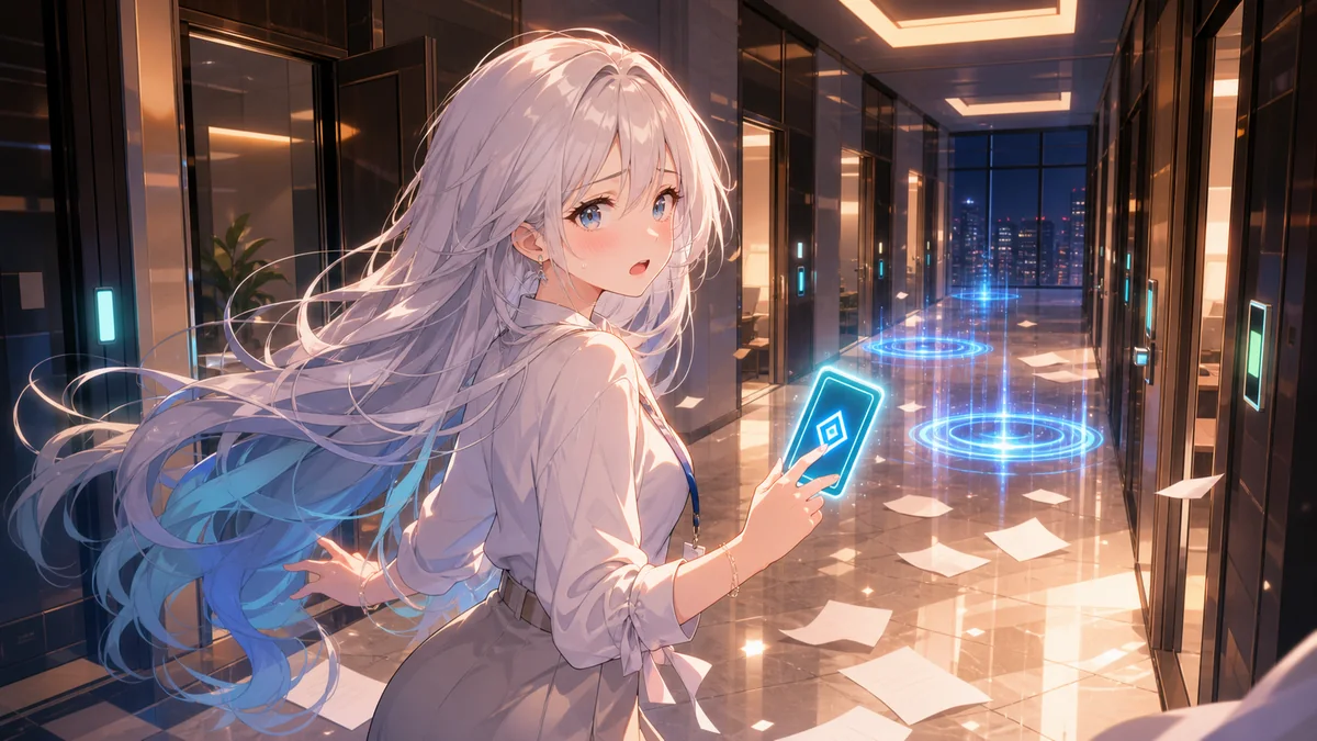 白い長髪の女性キャラクターが夜の高層ビル内でカードキーと青い転送床を見比べているイメージ