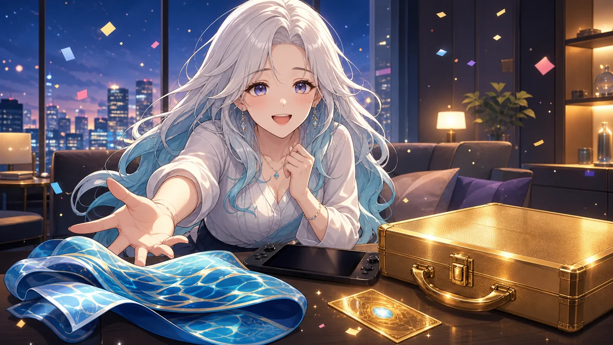 白い長髪の女性キャラクターが高層ビルのラウンジで青い布と金色の報酬ケースに手を伸ばしているイメージ