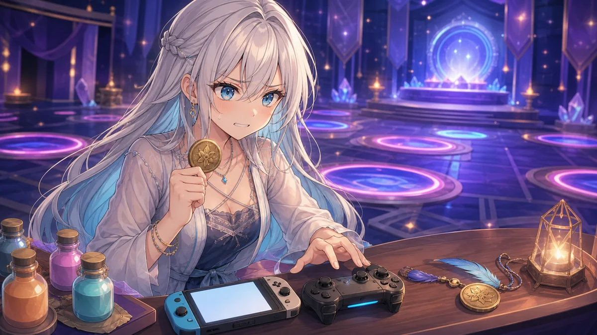 白い長髪の女性キャラクターが星明かりのホールで金色のバッジと薬瓶を前に携帯ゲーム機へ集中しているイメージ
