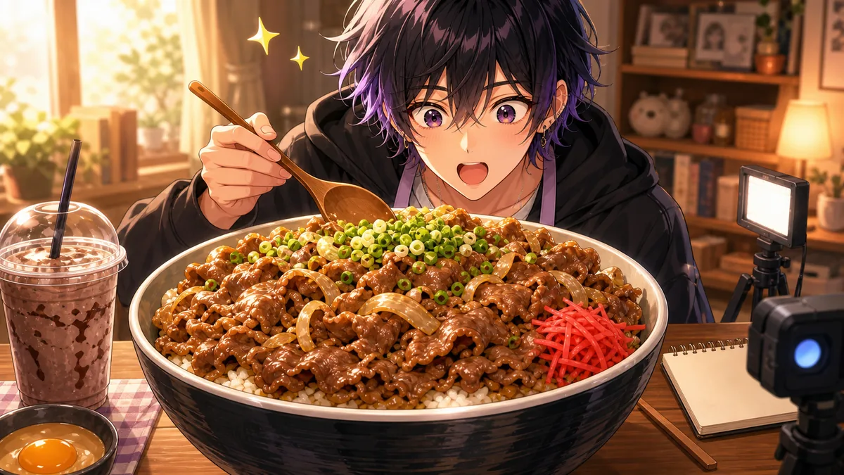 巨大な牛丼を前に木製スプーンを持ち、味の反応を見せる人物のイメージ
