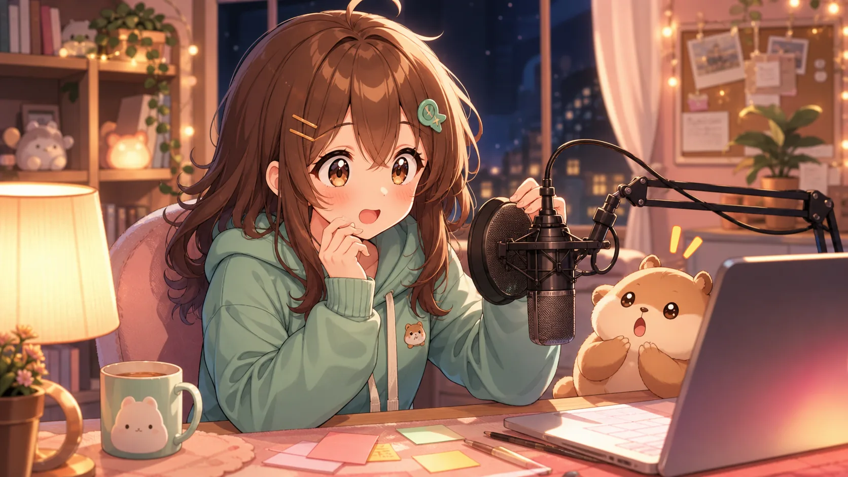 深夜の配信デスクでオリジナル女性キャラクターがマイクとノートPCの前で驚くイメージ
