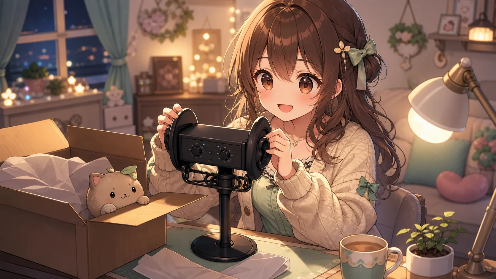 ふわふわした深夜の部屋でオリジナル女性キャラクターが大きなバイノーラルマイクを手に取るイメージ