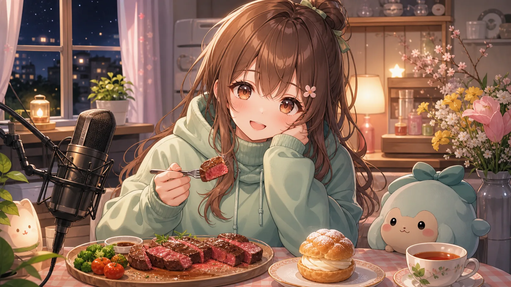パステル色の深夜キッチンでオリジナル女性キャラクターがステーキとシュークリームを前に話すイメージ