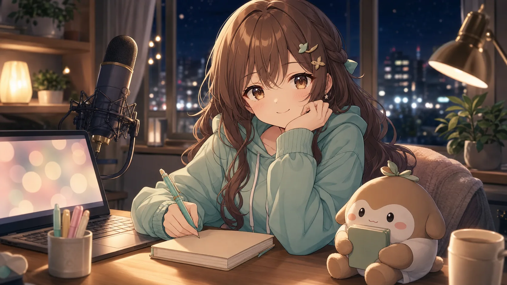 深夜の作業机でオリジナル女性キャラクターがノートPCとマイクの前でコメントを読むイメージ