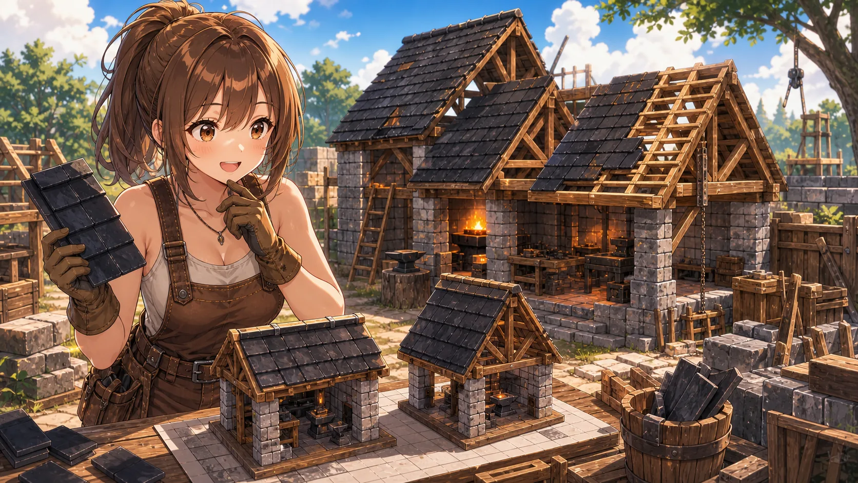屋根を足すか外すかを比べながら鍛冶屋の外観を整えるオリジナルキャラクターのイメージ