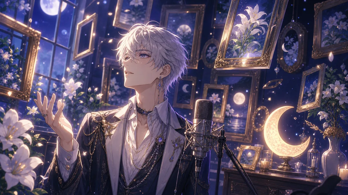 月明かりのギャラリーで額縁、白い花、淡い光を見上げるオリジナル男性キャラクターのイメージ