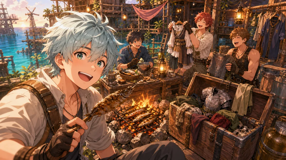 魚を焼きながら木の拠点と装備を整えるオリジナル男性キャラクターのイメージ