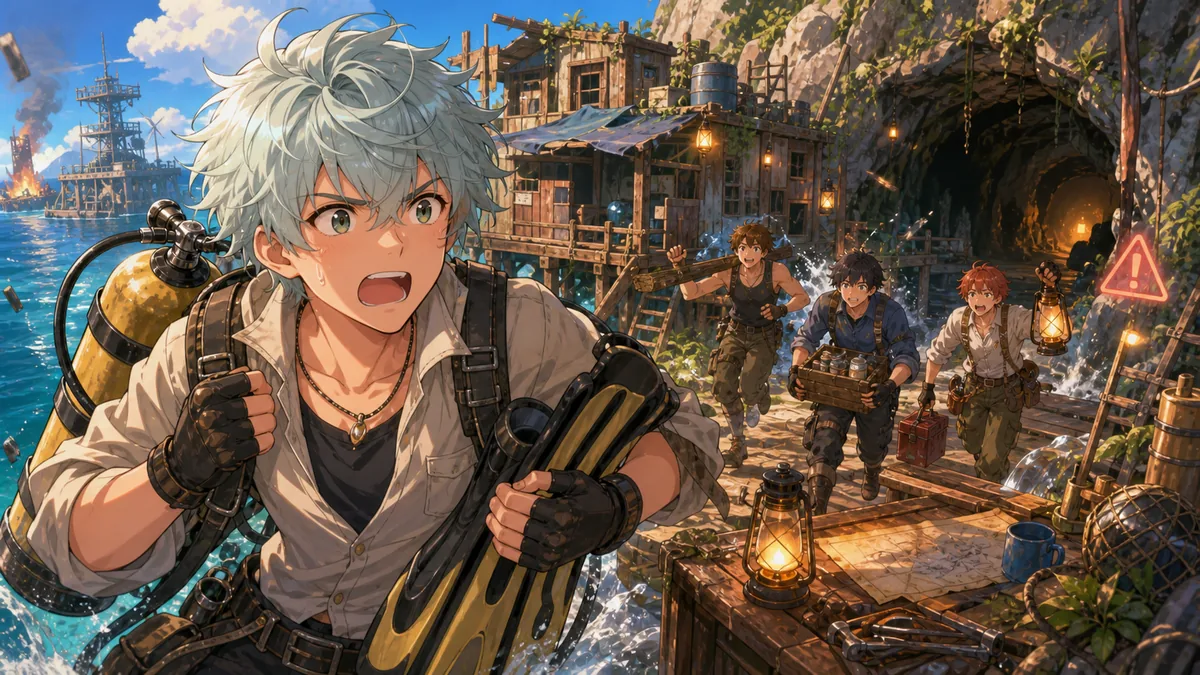 拠点襲撃と洞窟再挑戦へ向かうオリジナル男性キャラクターのイメージ