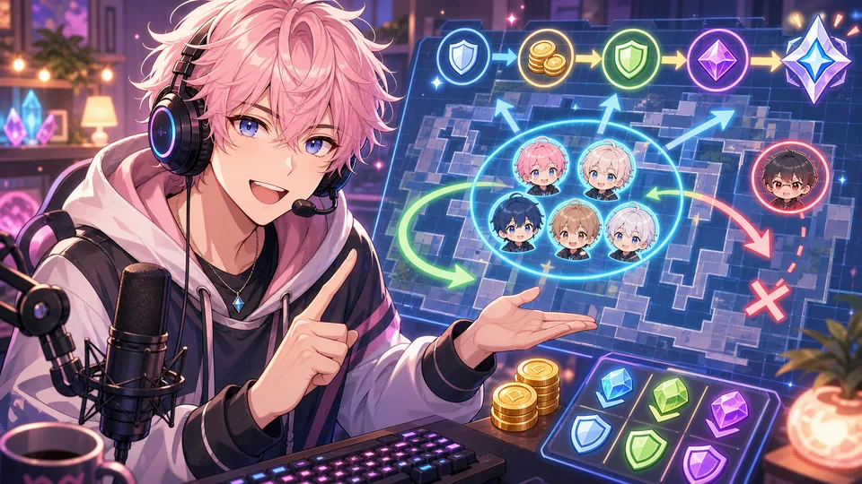 淡いピンク髪の男性キャラクターが5人分のマーカーとコインを載せた戦術ボードを示すイラスト