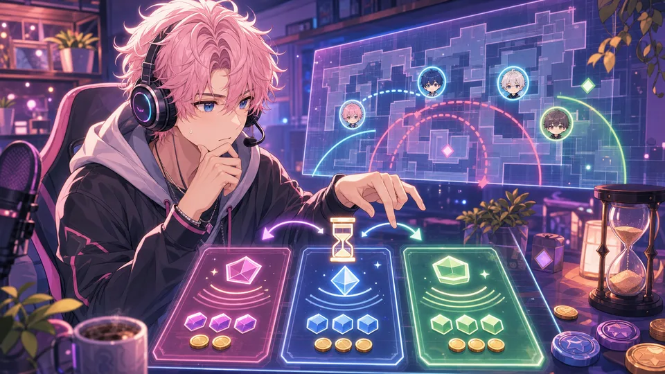 淡いピンク髪の男性キャラクターが色分けされた選択カードと距離弧を見比べるイラスト