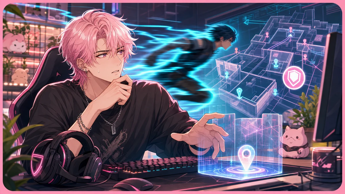 明るい競技ステージで青緑の速度エフェクトを見つめる男性キャラクターのオリジナルイラスト