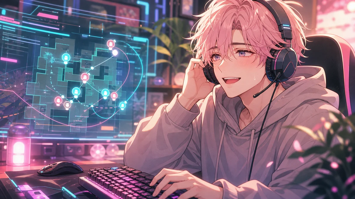 近未来の競技マップを背景に味方の合図を聞きながら構える男性キャラクターのオリジナルイラスト