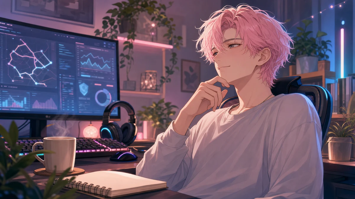 配信部屋のモニター前で試合後の振り返りをする男性キャラクターのオリジナルイラスト