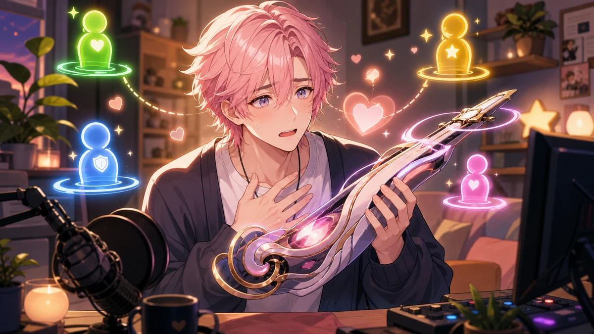 近未来の競技ステージで男性キャラクターが重いスナイパーライフル型の抽象アイテムを受け取り緊張するイメージ