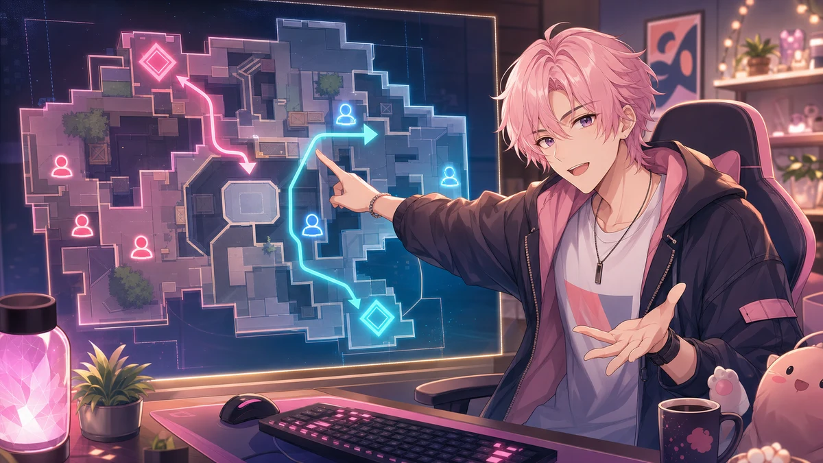 明るい競技マップの上にAサイトとミッドの光るルートが浮かび男性キャラクターが味方の合図を聞くイメージ