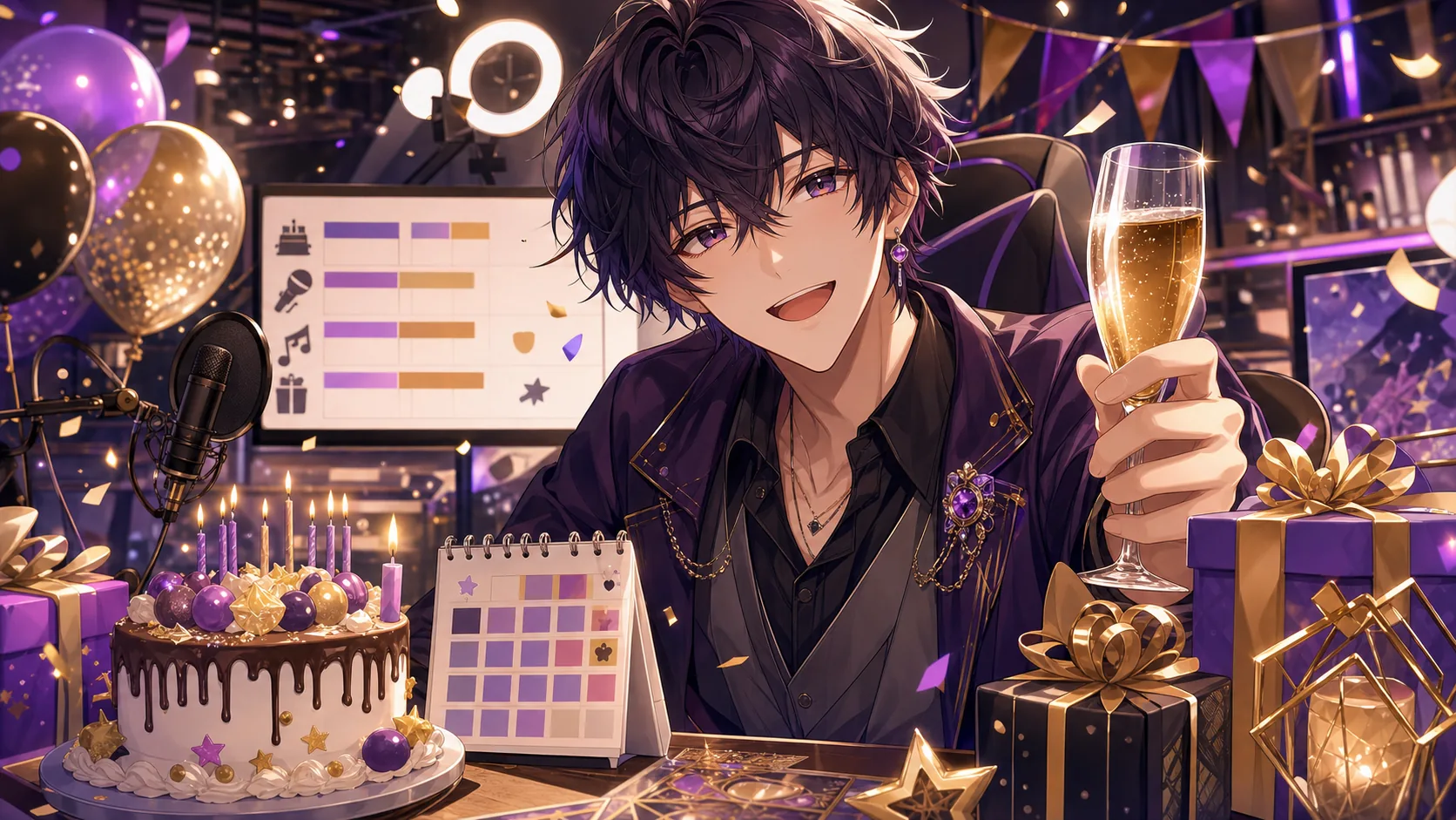 1時間の誕生日配信で乾杯と予定を整理するオリジナル男性キャラクターのイメージ