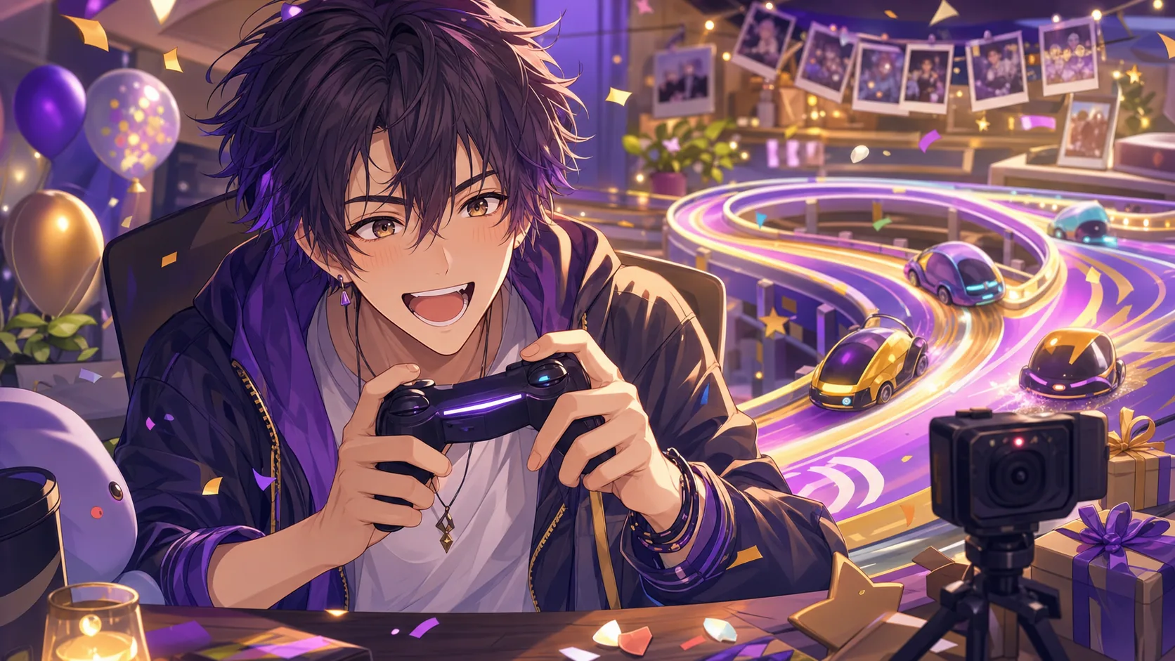 抽象的なカートレースの小物と配信机で盛り上がるオリジナル男性キャラクターのイメージ