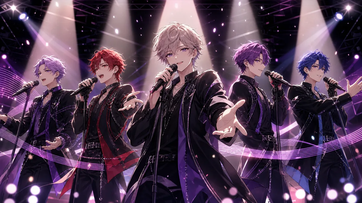 黒いステージで5人の声が重なる場面を表すオリジナル男性キャラクターたちのイメージ