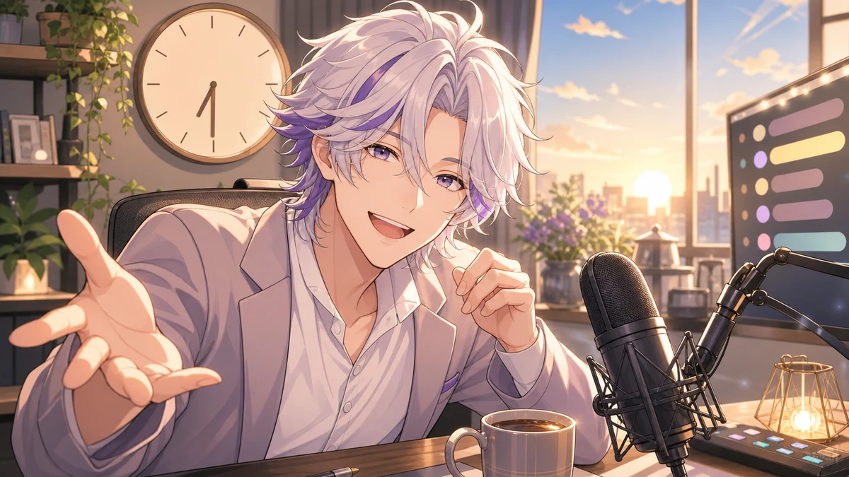 朝6時34分の番組風スタートを思わせる、朝日差す配信机とオリジナルキャラクターのイメージ