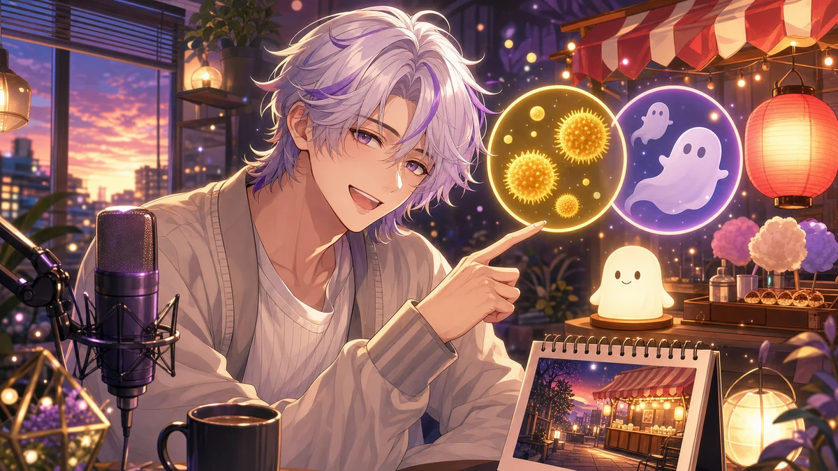 終盤のアンケート、花粉と幽霊、次回の屋台予告を連想させるオリジナルキャラクターのイメージ