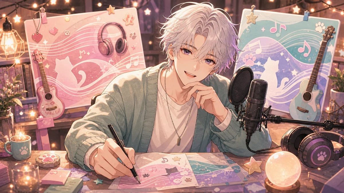 原曲動画とカバーMVの雰囲気を見比べながら、音符と猫小物を並べるオリジナルキャラクターイメージ