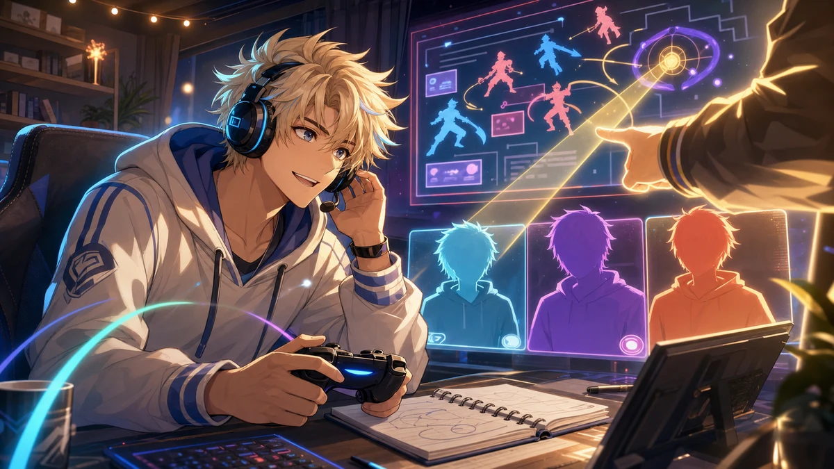 チーム練習のモニターを見ながら金髪の男性キャラクターがコーチの助言を聞くイメージ