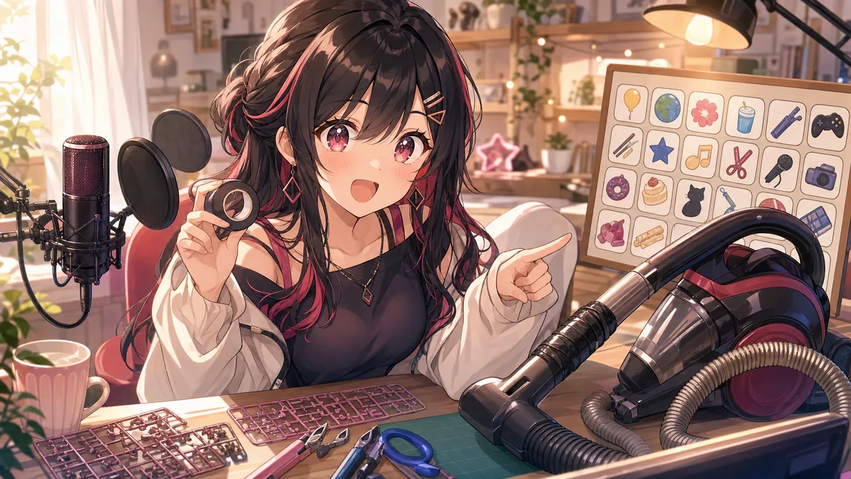 掃除機トラブルとビンゴ表を前に昼配信を始めるオリジナル女性キャラクターのイメージ