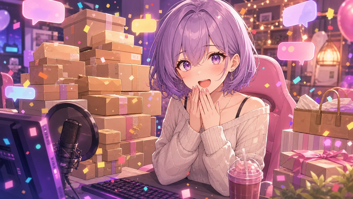 積まれたギフト箱と配信画面の光を前に驚きながら感謝する女性キャラクターのイメージ